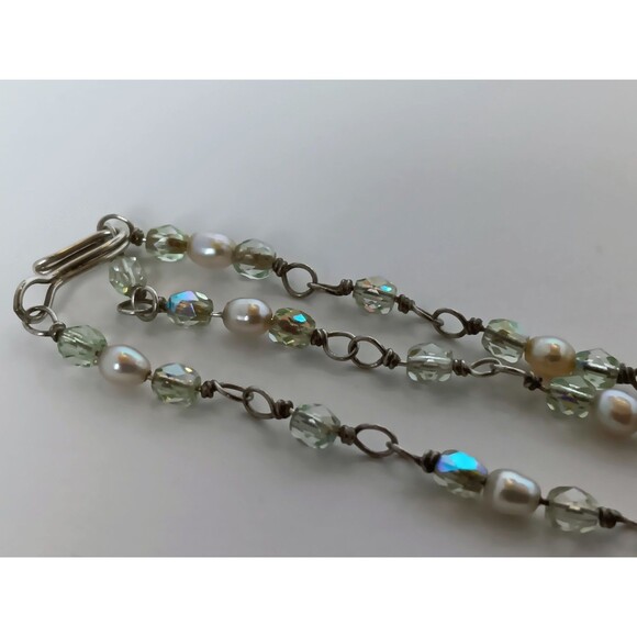 Artisan Sterling Silver Heart Pendant Green AB Glass & Pearl Necklace 16-18 in - Picture 10 of 15